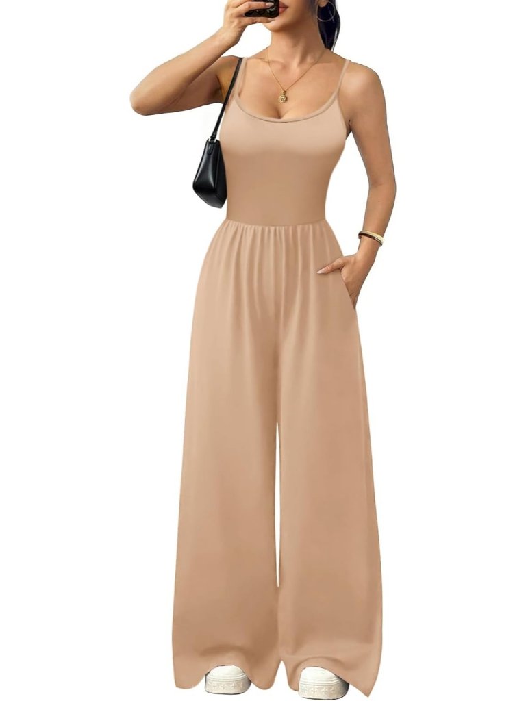 Women's Khaki Summer Casual Tummy Control Sleeveless Wide Leg Romper